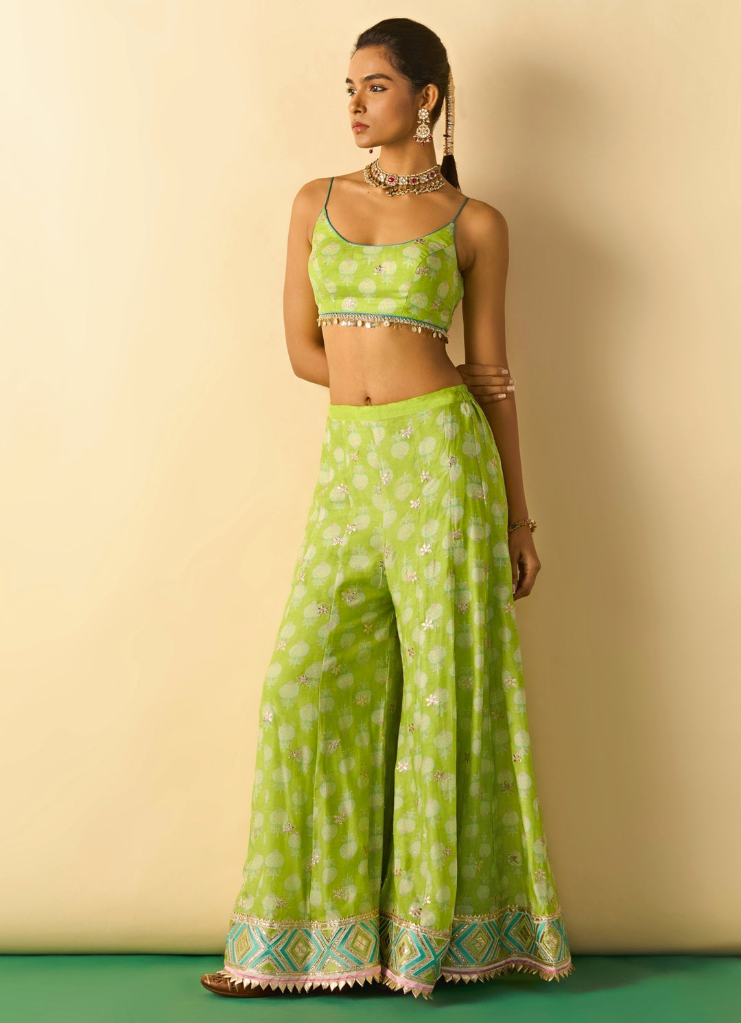 Lime Green Printed Cotton Silk Blouse Sharara Set With Jacket