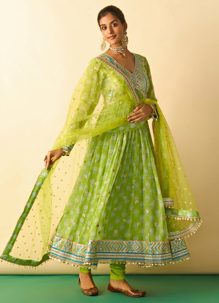 Lime Green Printed Cotton Silk Anarkali Set