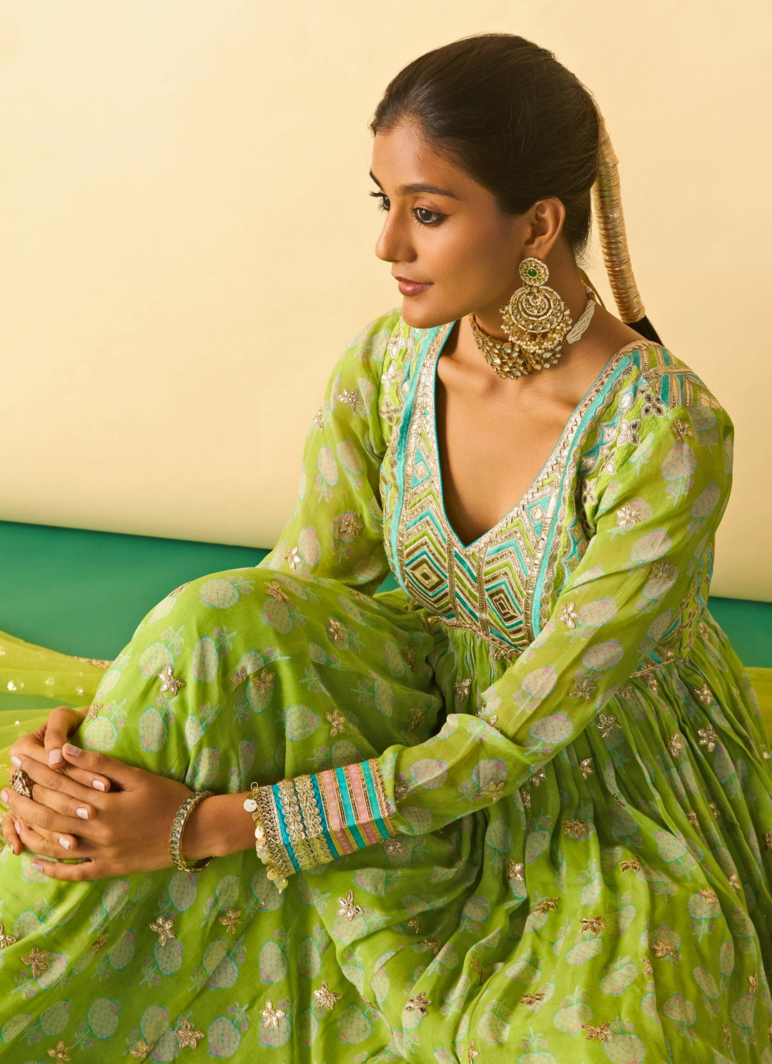 Lime Green Printed Cotton Silk Anarkali Set