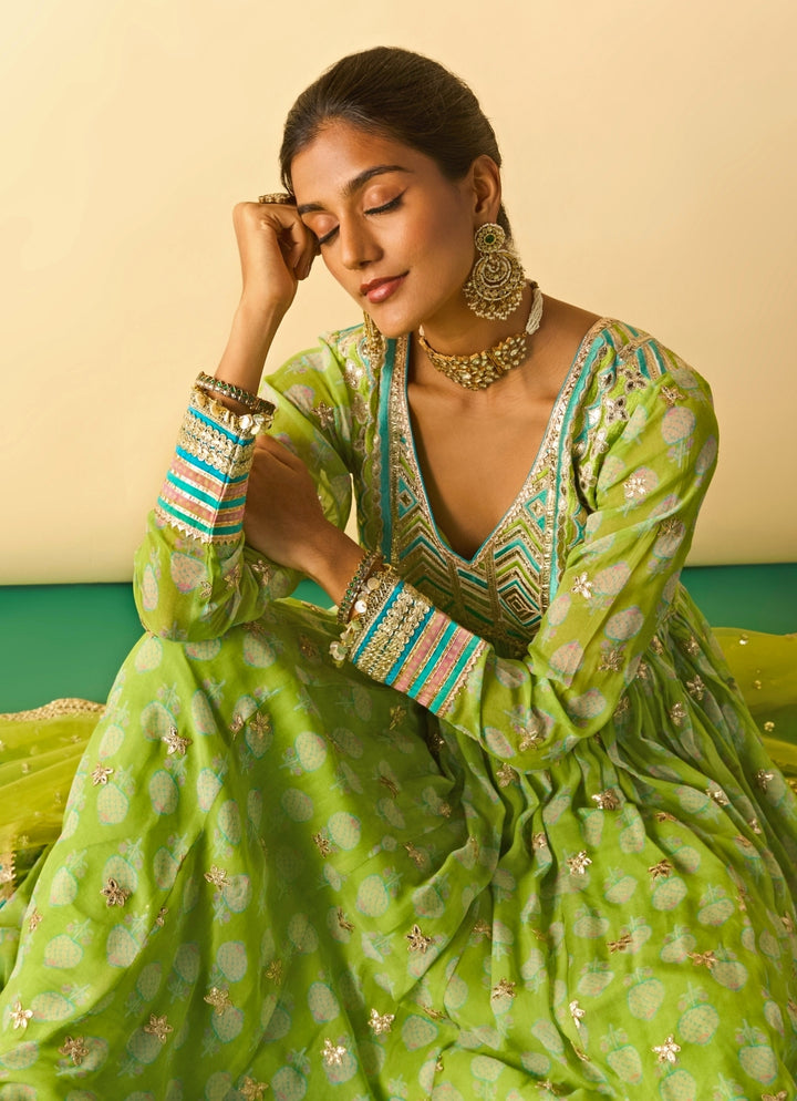 Lime Green Printed Cotton Silk Anarkali Set