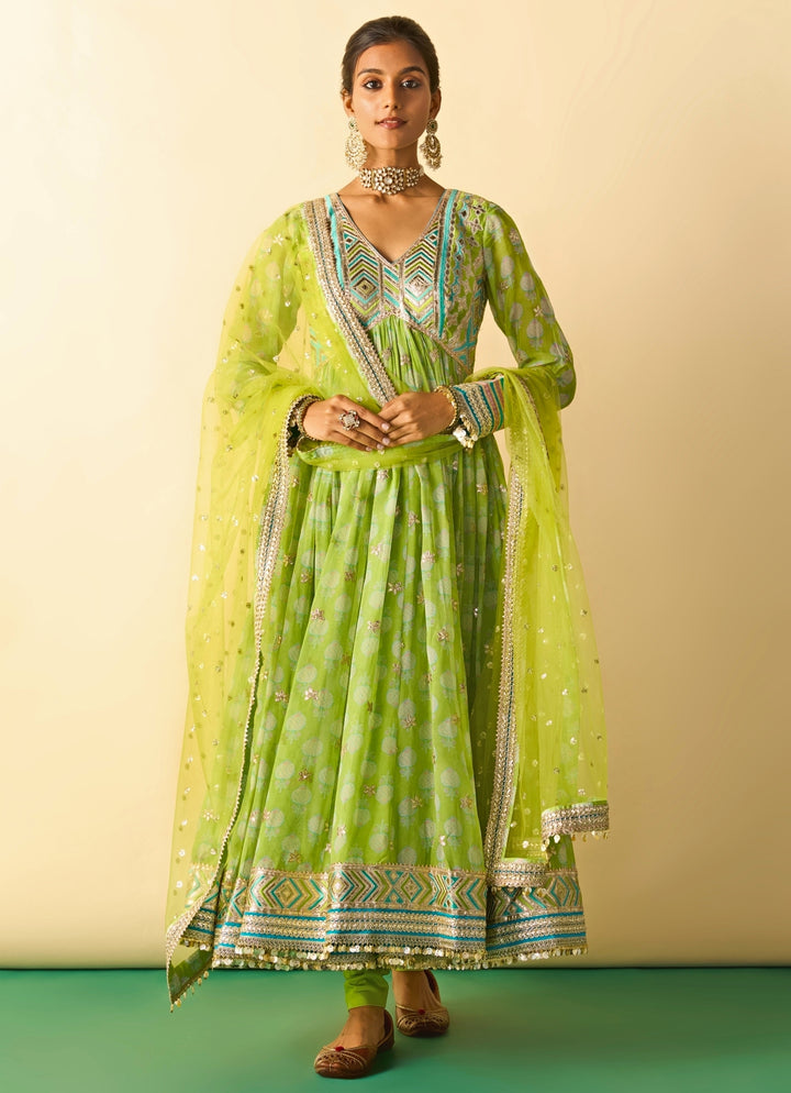 Lime Green Printed Cotton Silk Anarkali Set