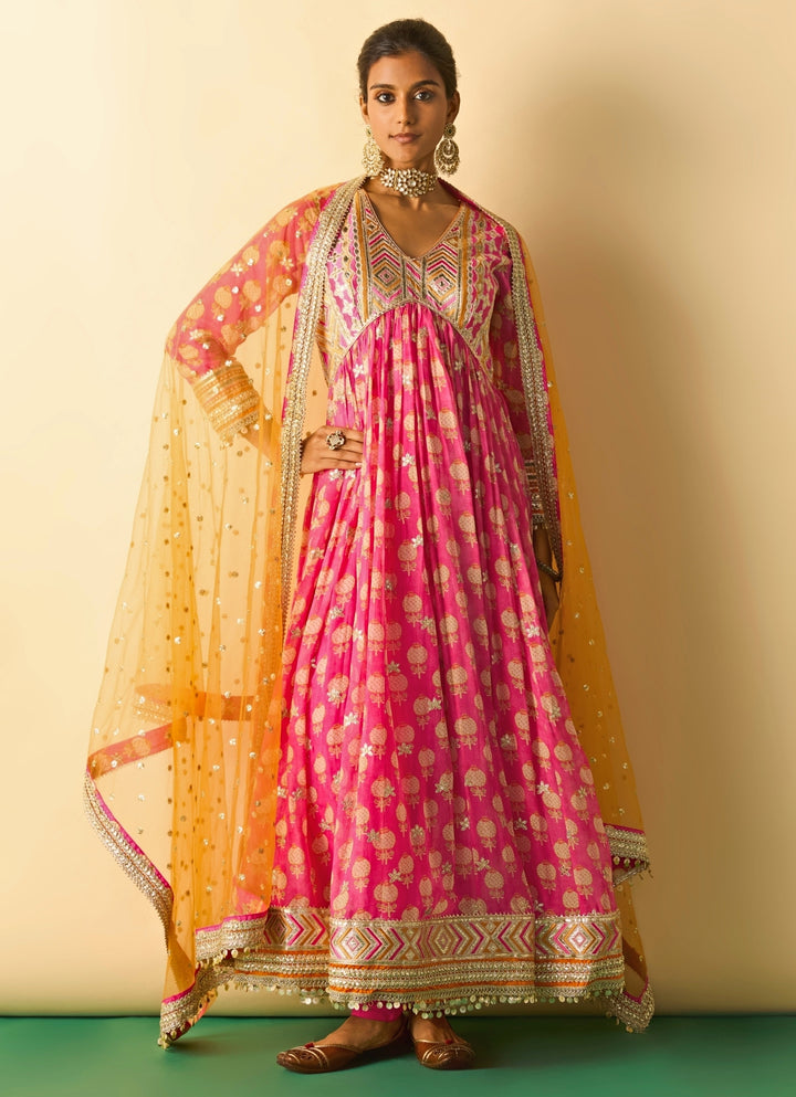 Pink Printed Cotton Silk Anarkali Set With Orange Dupatta