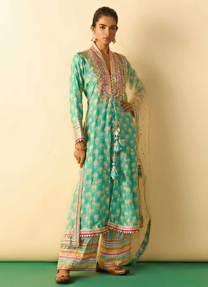 Aqua Blue Cotton Silk Anarkali Palazzo Set With Ivory Dupatta