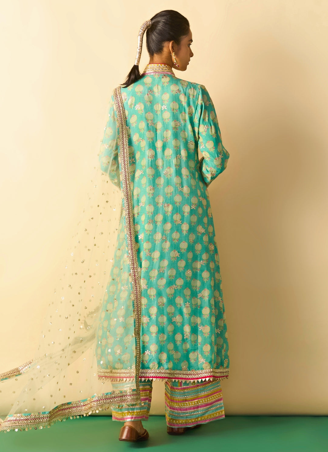 Aqua Blue Cotton Silk Anarkali Palazzo Set With Ivory Dupatta