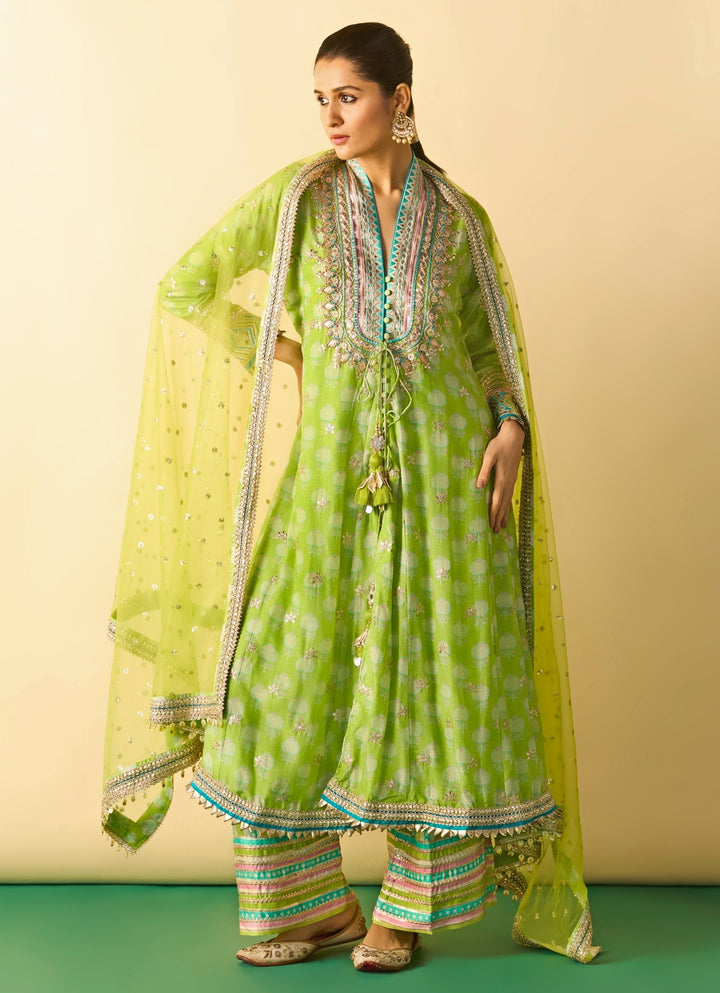 Lime Green Printed Cotton Silk Anarkali Palazzo Set