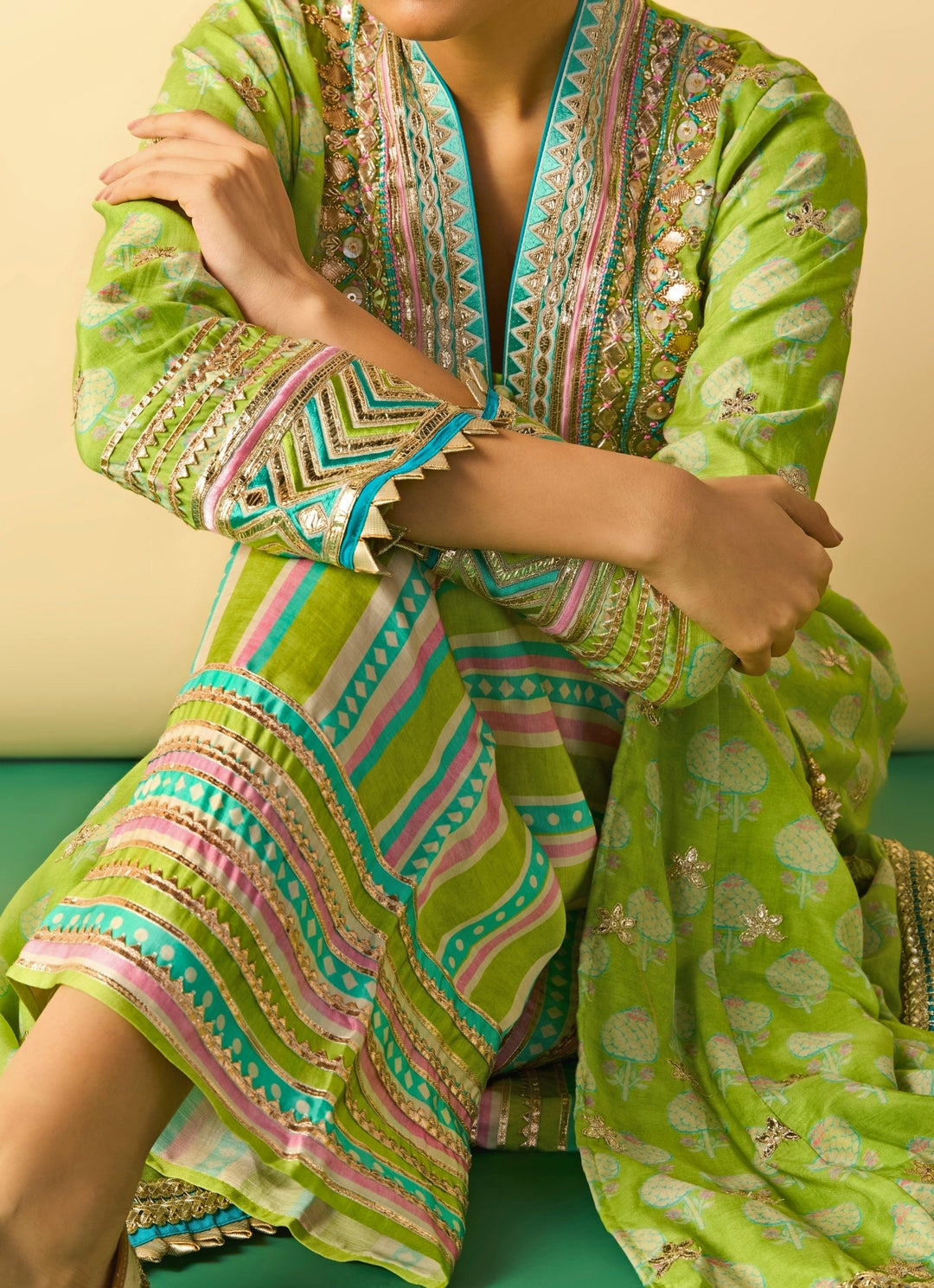 Lime Green Printed Cotton Silk Anarkali Palazzo Set