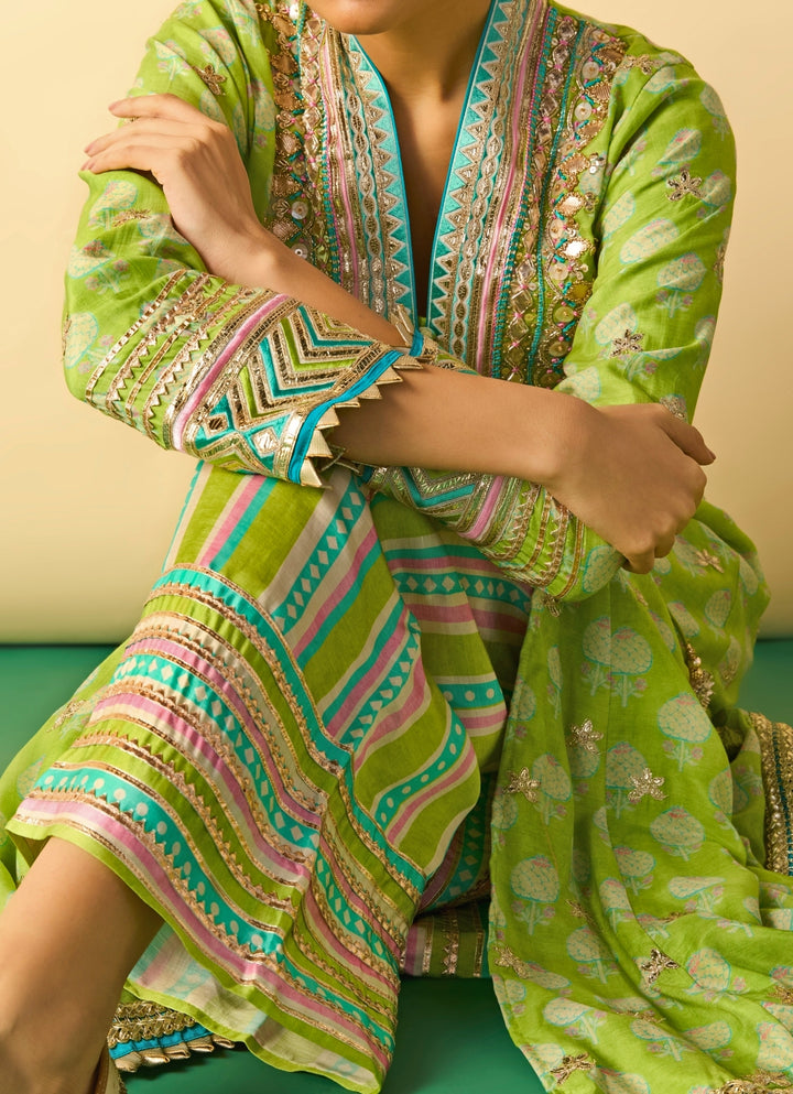 Lime Green Printed Cotton Silk Anarkali Palazzo Set