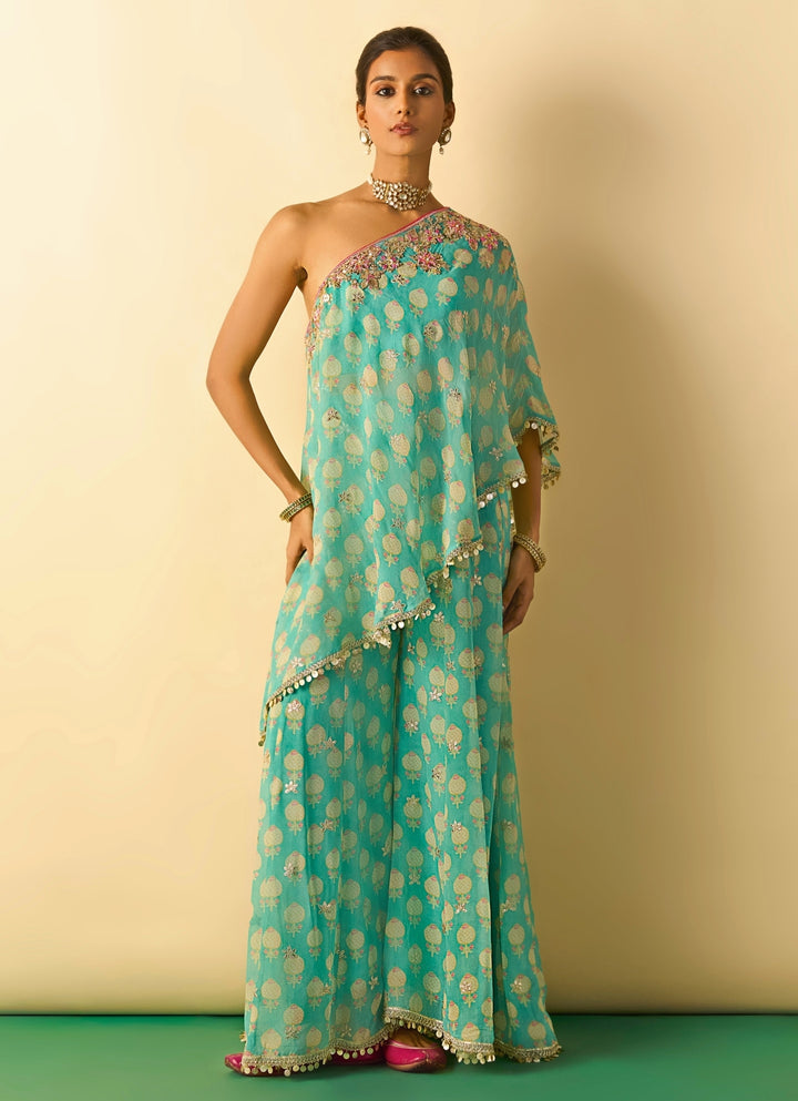 Aqua Blue Printed Georgette Pants Set With One Shoulder Top