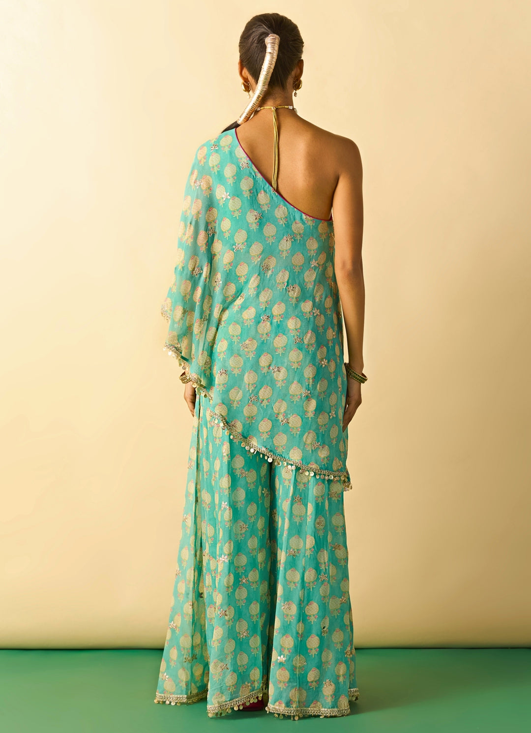 Aqua Blue Printed Georgette Pants Set With One Shoulder Top