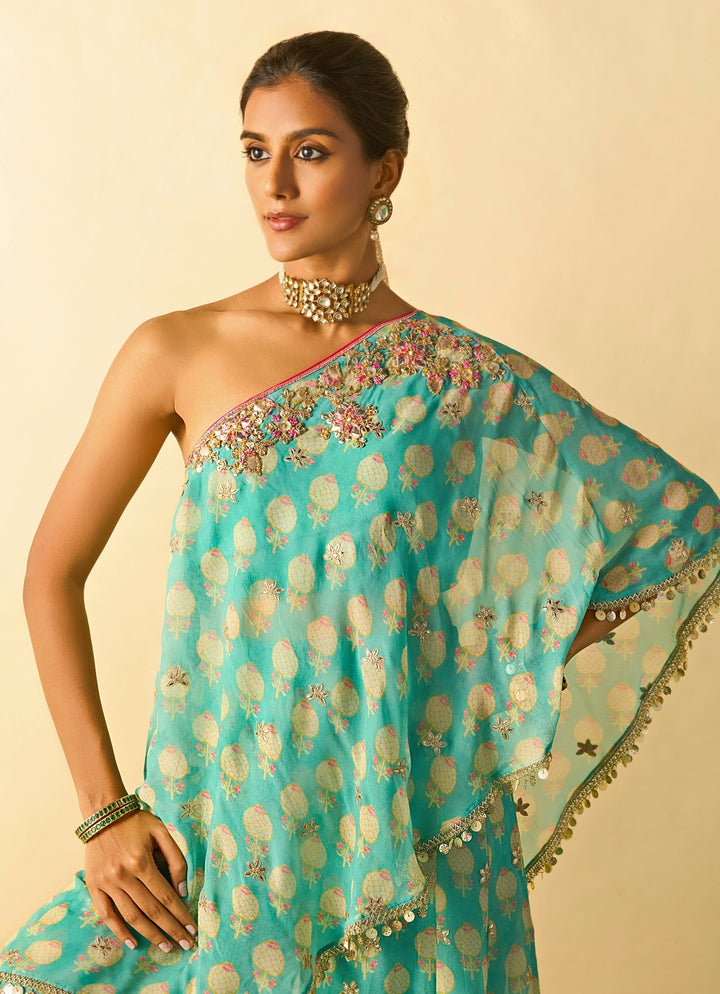 Aqua Blue Printed Georgette Pants Set With One Shoulder Top