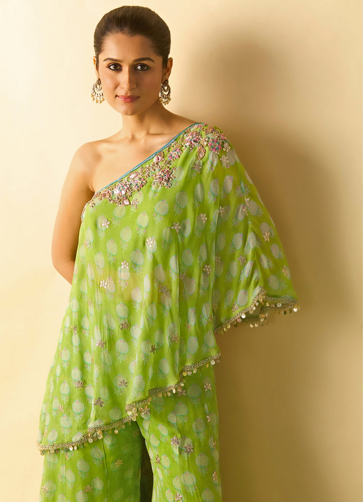 Lime Green Printed Georgette Pants Set With One Shoulder Top