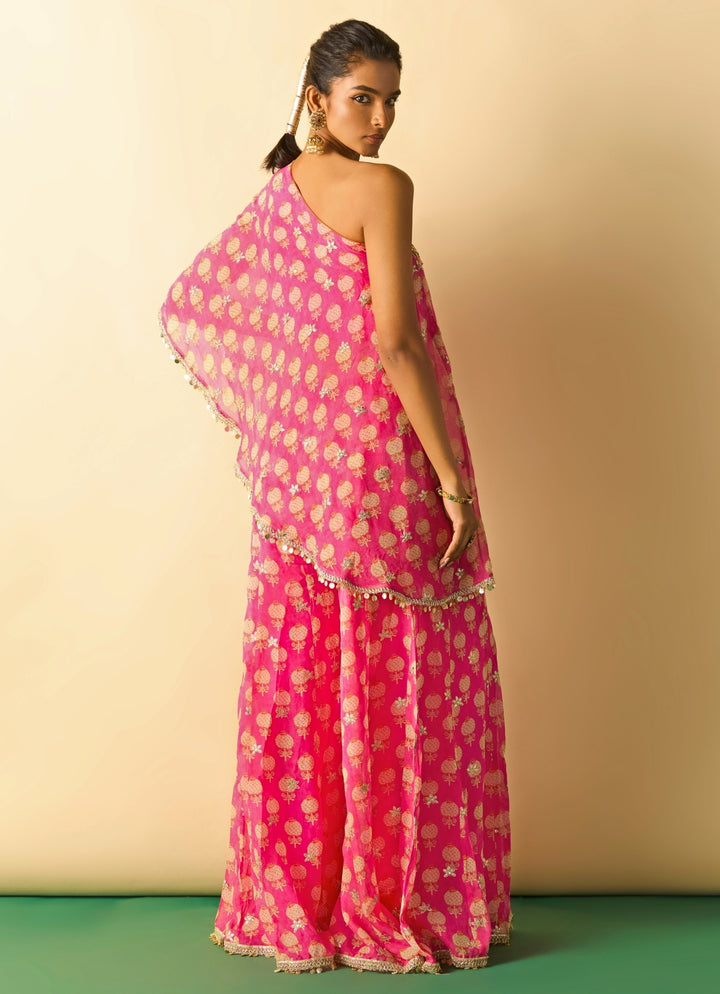 Pink Printed Georgette Pants Set With One Shoulder Top