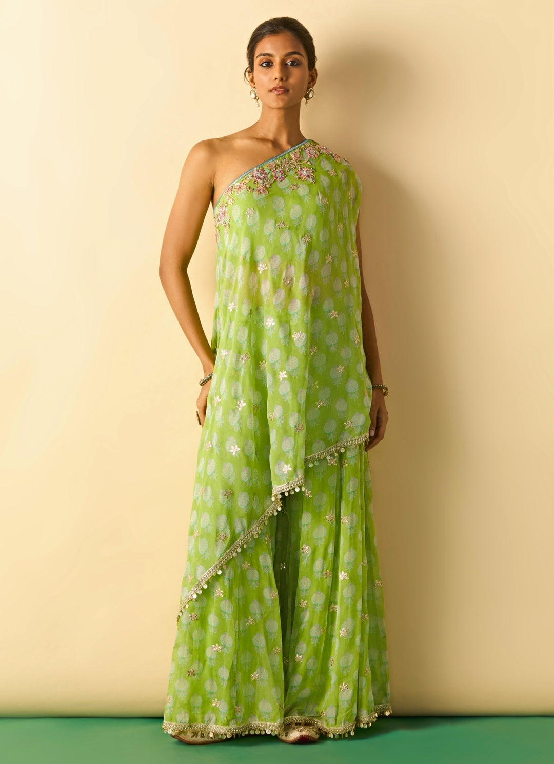 Lime Green Printed Georgette One Shoulder Kurta Pants Set