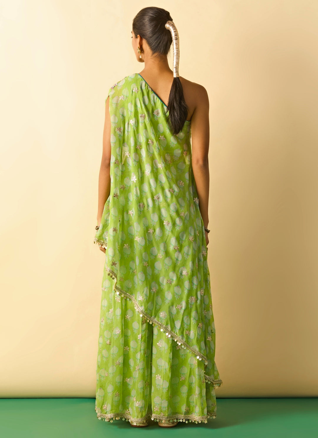 Lime Green Printed Georgette One Shoulder Kurta Pants Set