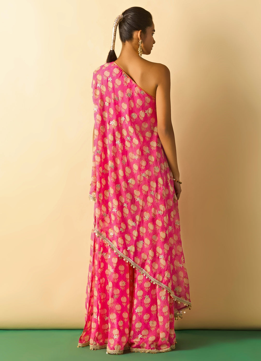 Pink Printed Georgette One Shoulder Kurta Pants Set