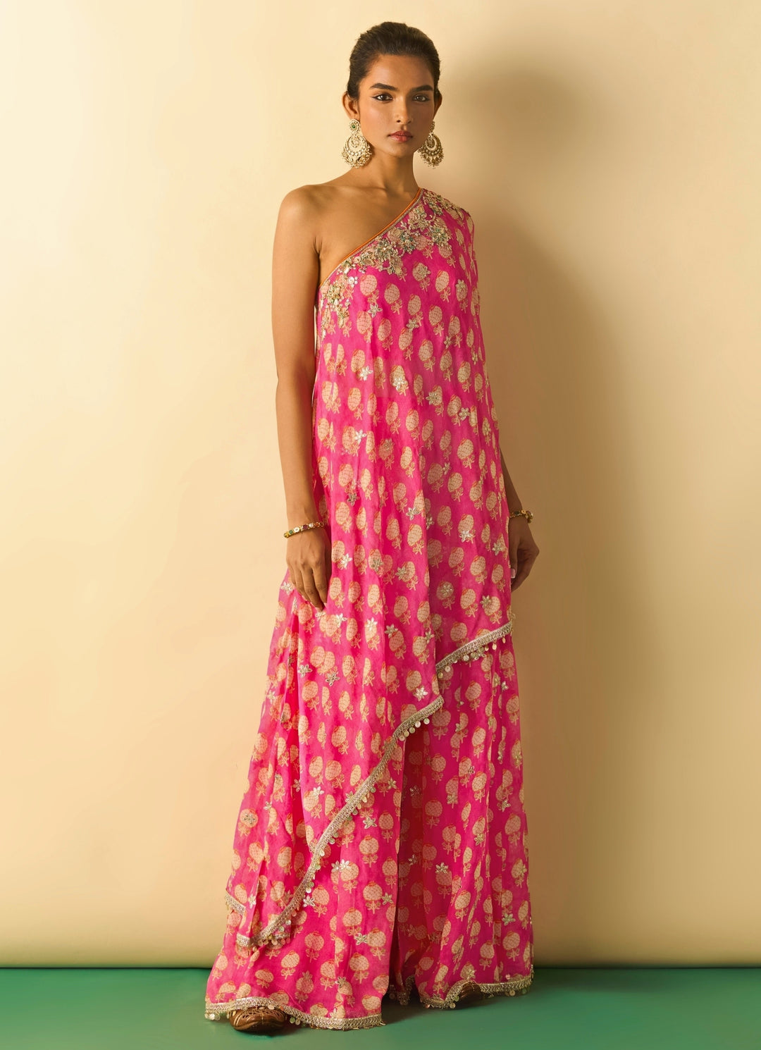 Pink Printed Georgette One Shoulder Kurta Pants Set