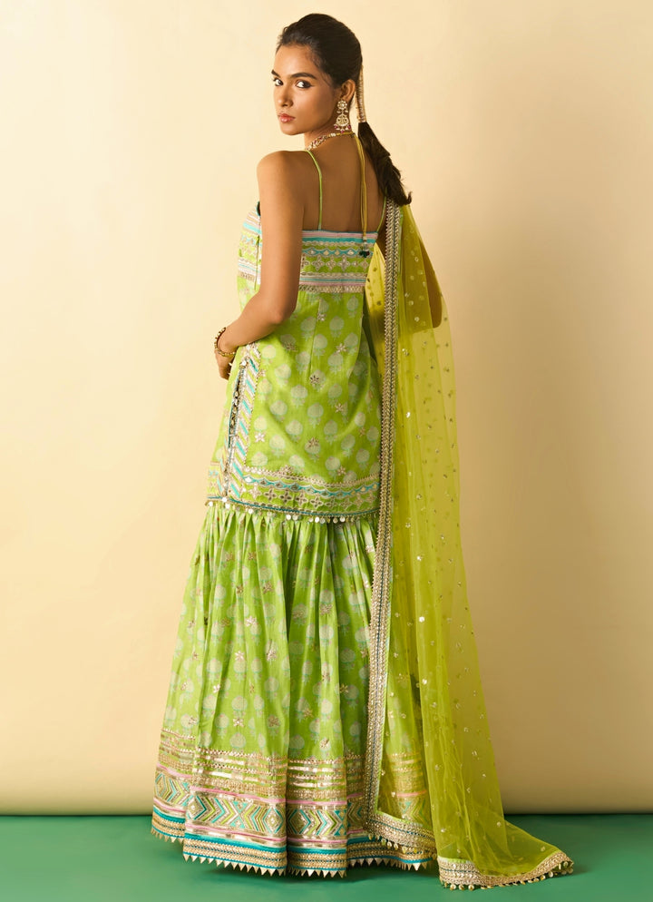 Lime Green Cotton Silk Strappy Kurta Sharara Set