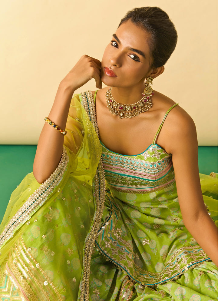 Lime Green Cotton Silk Strappy Kurta Sharara Set