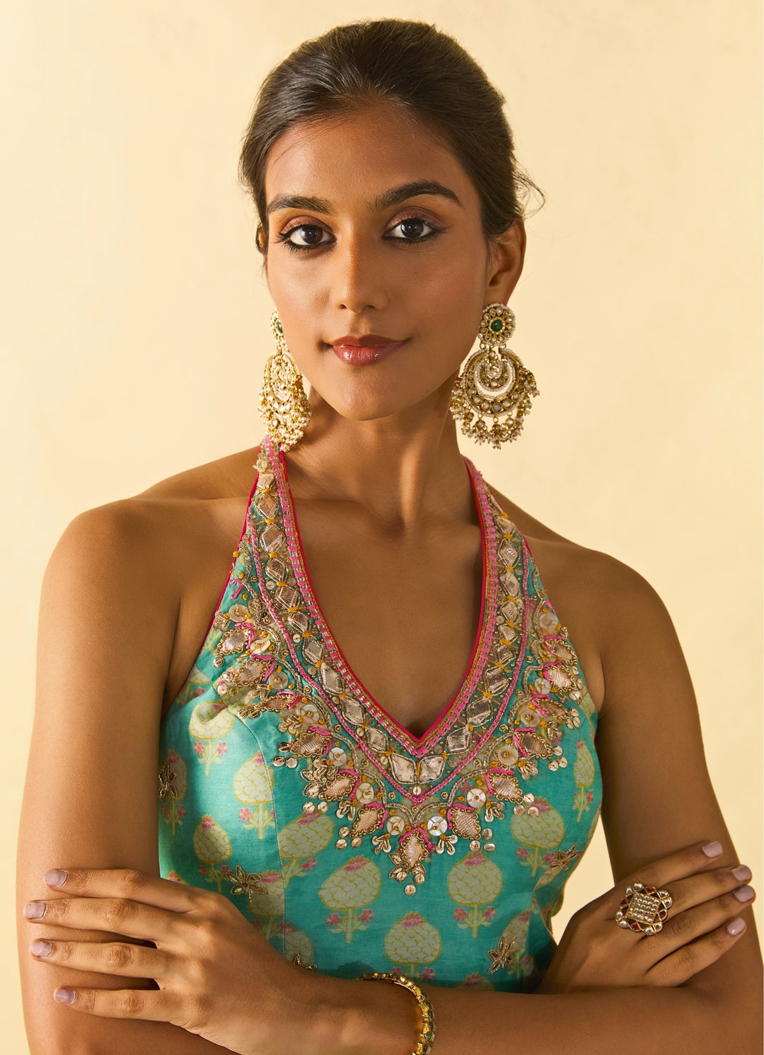 Aqua Blue Printed Cotton Silk Halter Kurta Sharara Set With Ivory Dupatta