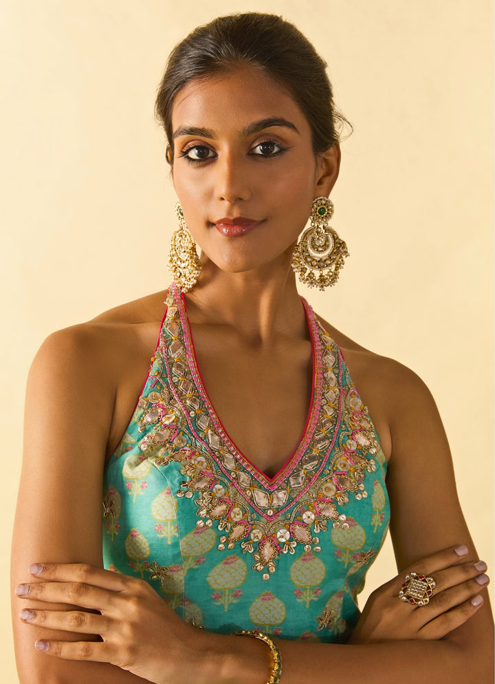 Aqua Blue Printed Cotton Silk Halter Kurta Sharara Set With Ivory Dupatta