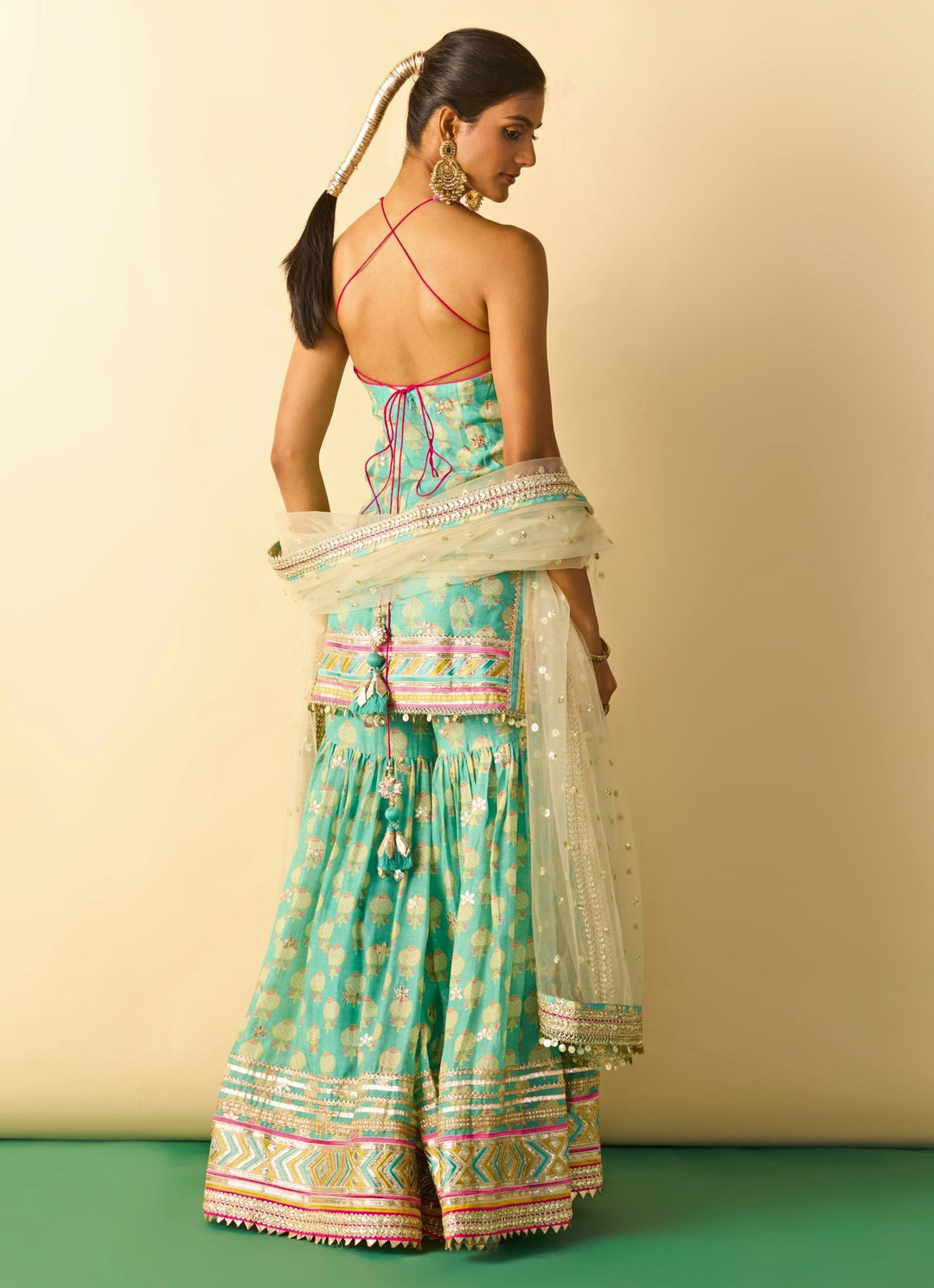 Aqua Blue Printed Cotton Silk Halter Kurta Sharara Set With Ivory Dupatta