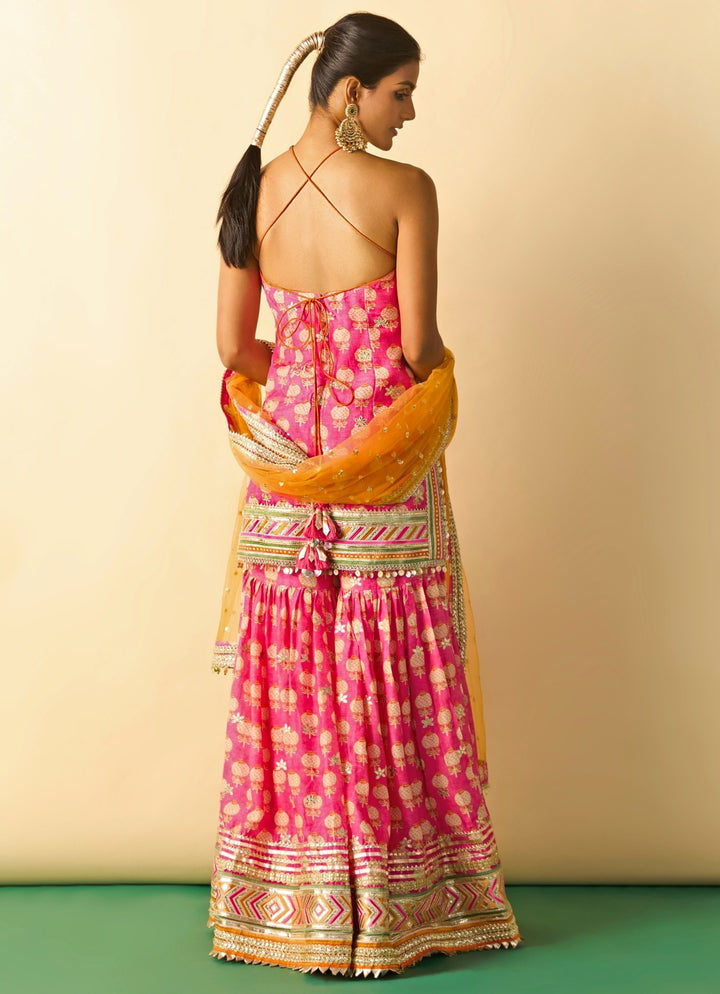 Pink Printed Cotton Silk Halter Kurta Sharara Set With Orange Dupatta