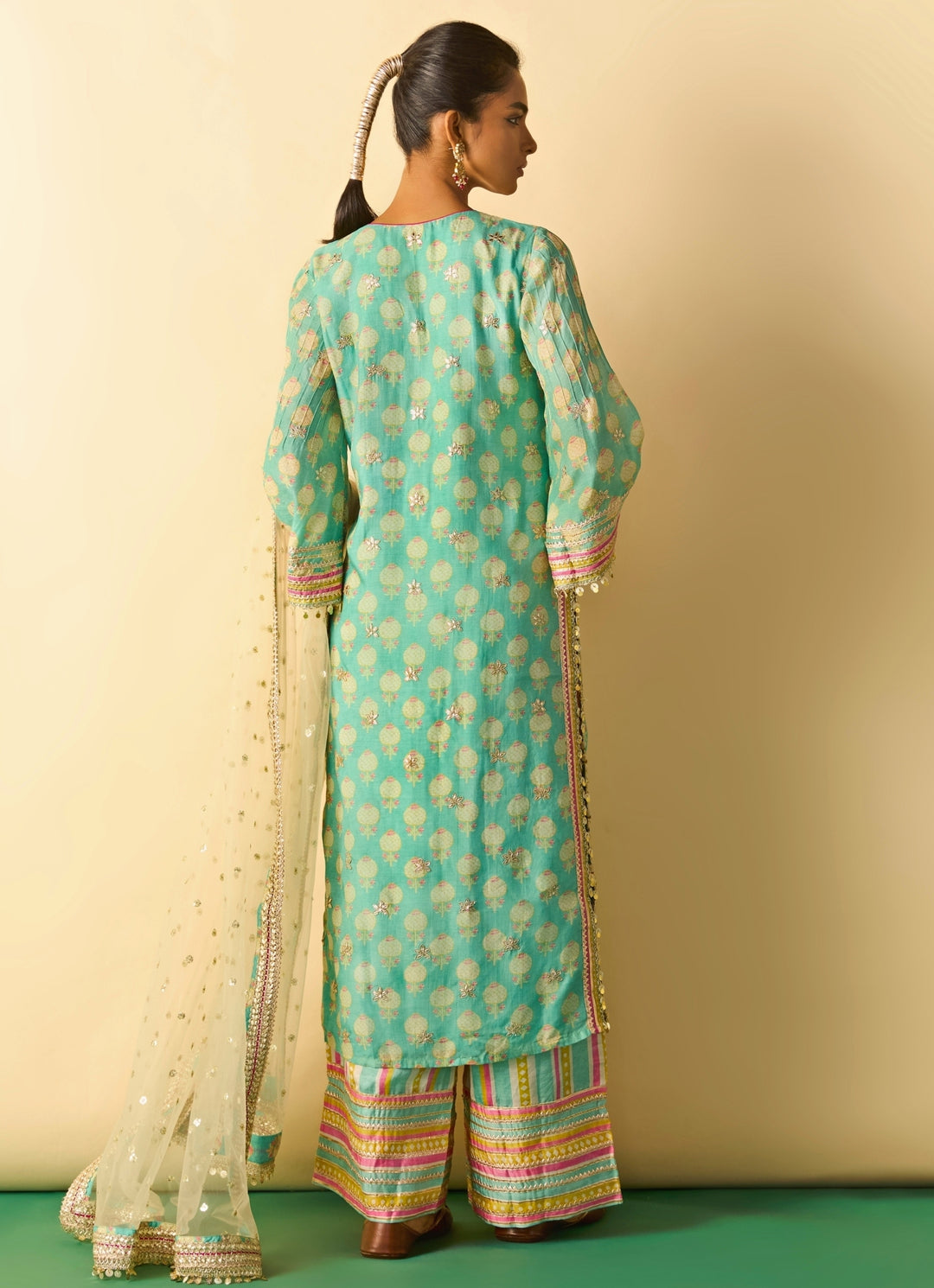 Aqua Blue Printed Cotton Silk Kurta Pants Set With Ivory Dupatta