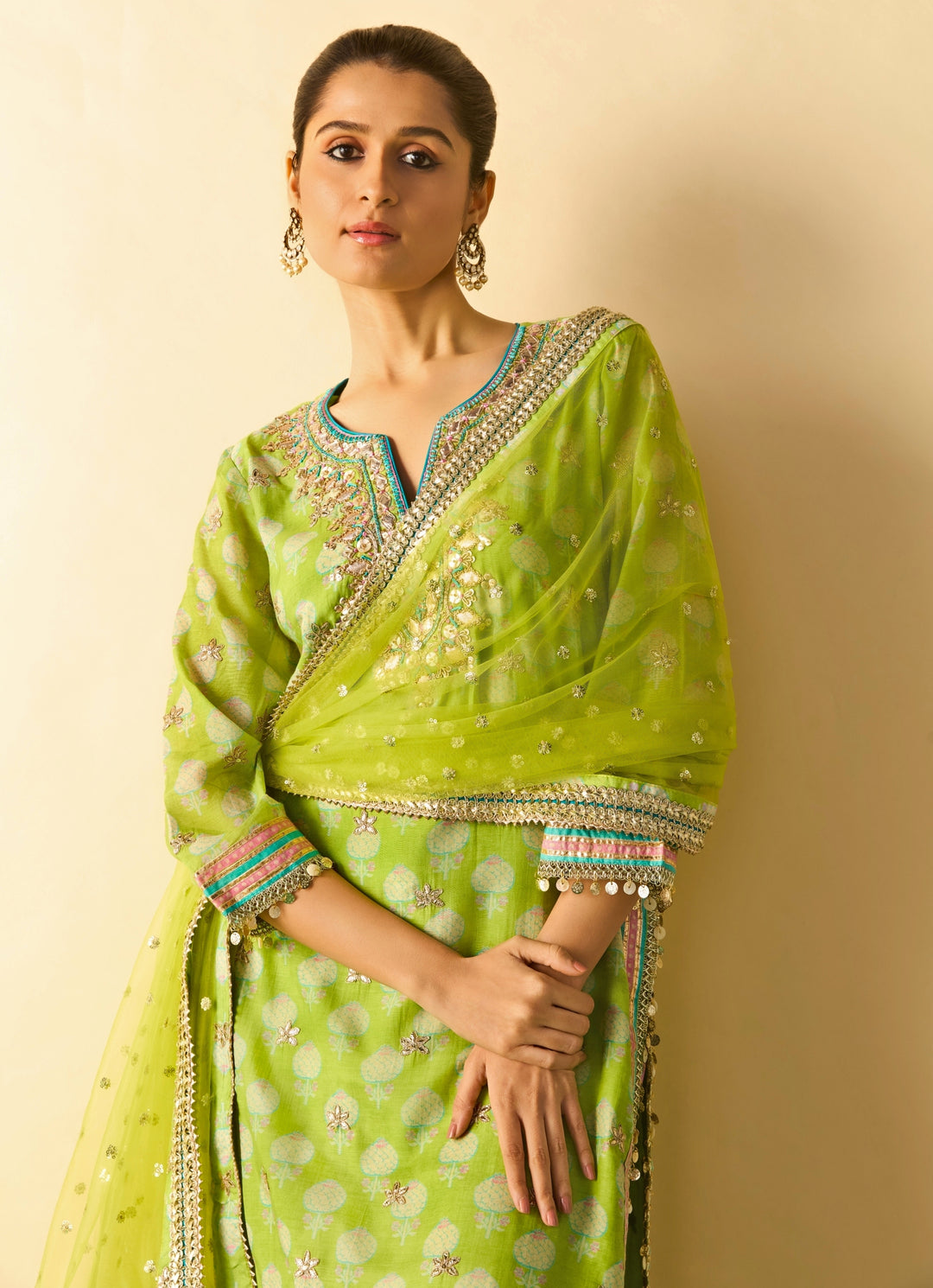 Lime Green Printed Cotton Silk Kurta Pants Set