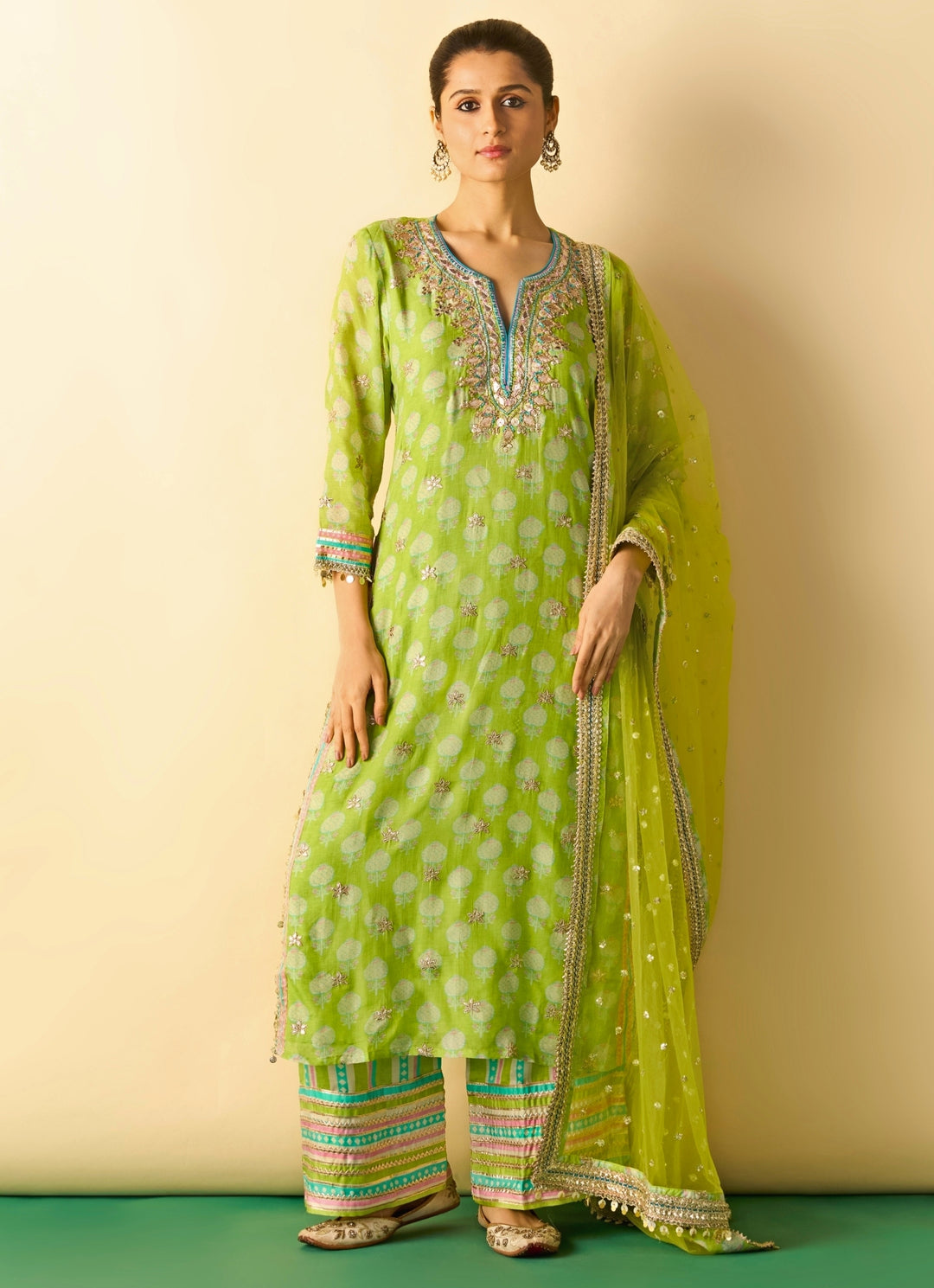 Lime Green Printed Cotton Silk Kurta Pants Set