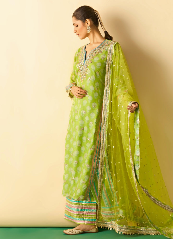 Lime Green Printed Cotton Silk Kurta Pants Set