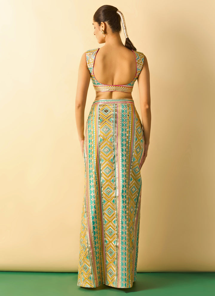 Aqua Blue Printed Cotton Silk Slit Skirt Set