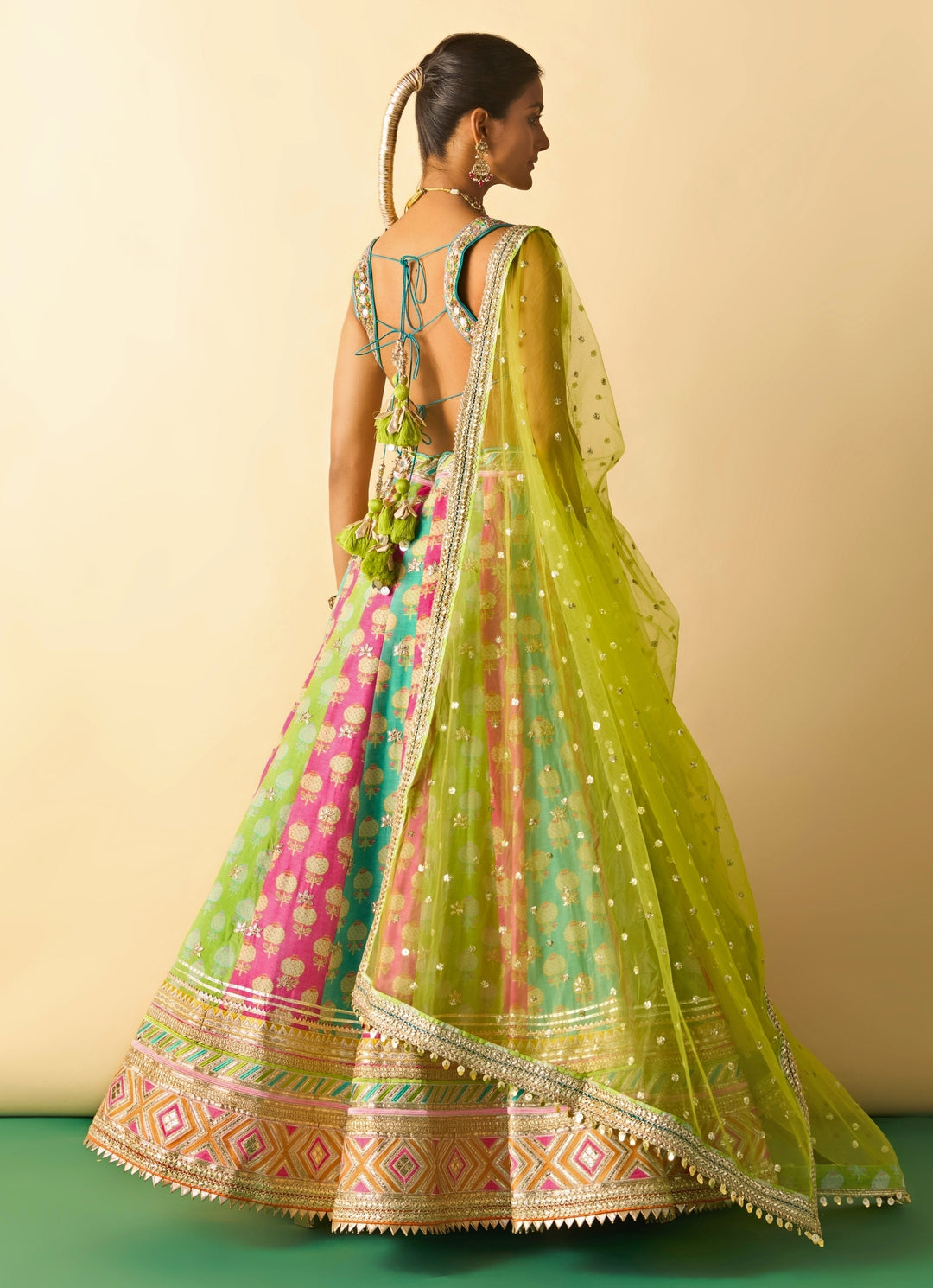 Lime Green And Muticolor Printed Cotton Silk Lehenga Set