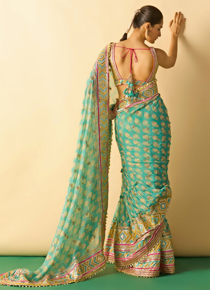 Aqua Blue Printed Georgette Pre-Draped Saree