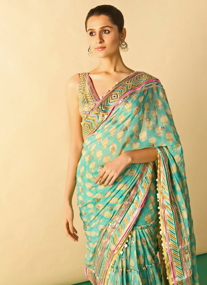 Aqua Blue Printed Georgette Pre-Draped Saree