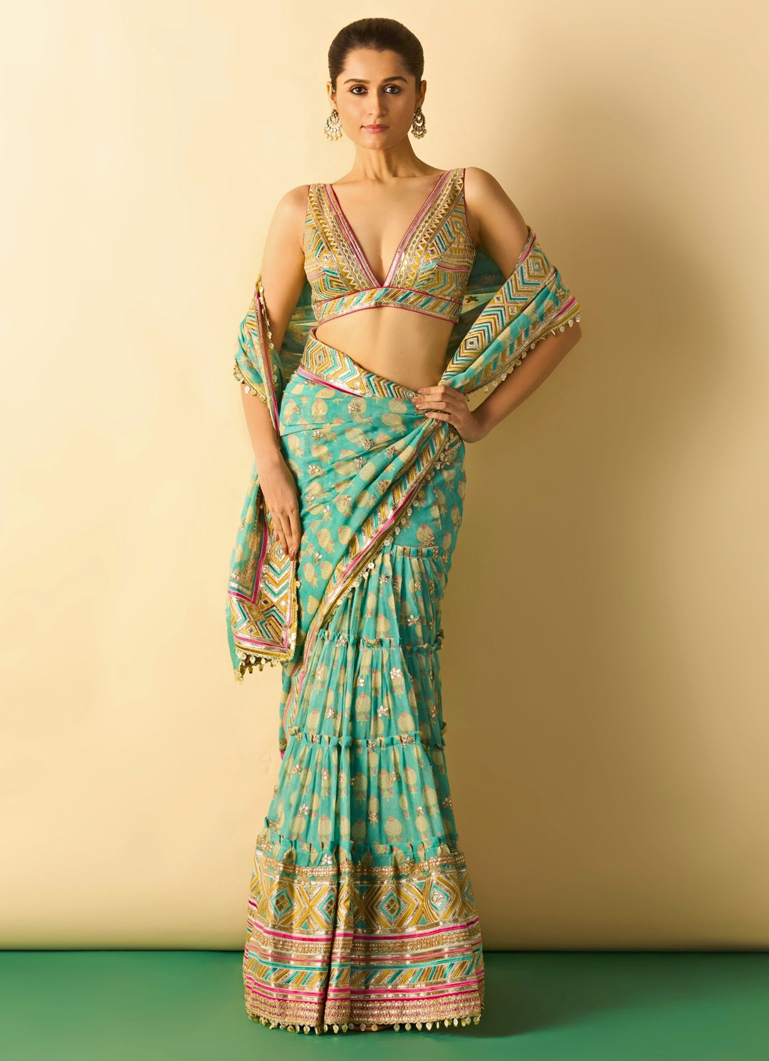 Aqua Blue Printed Georgette Pre-Draped Saree