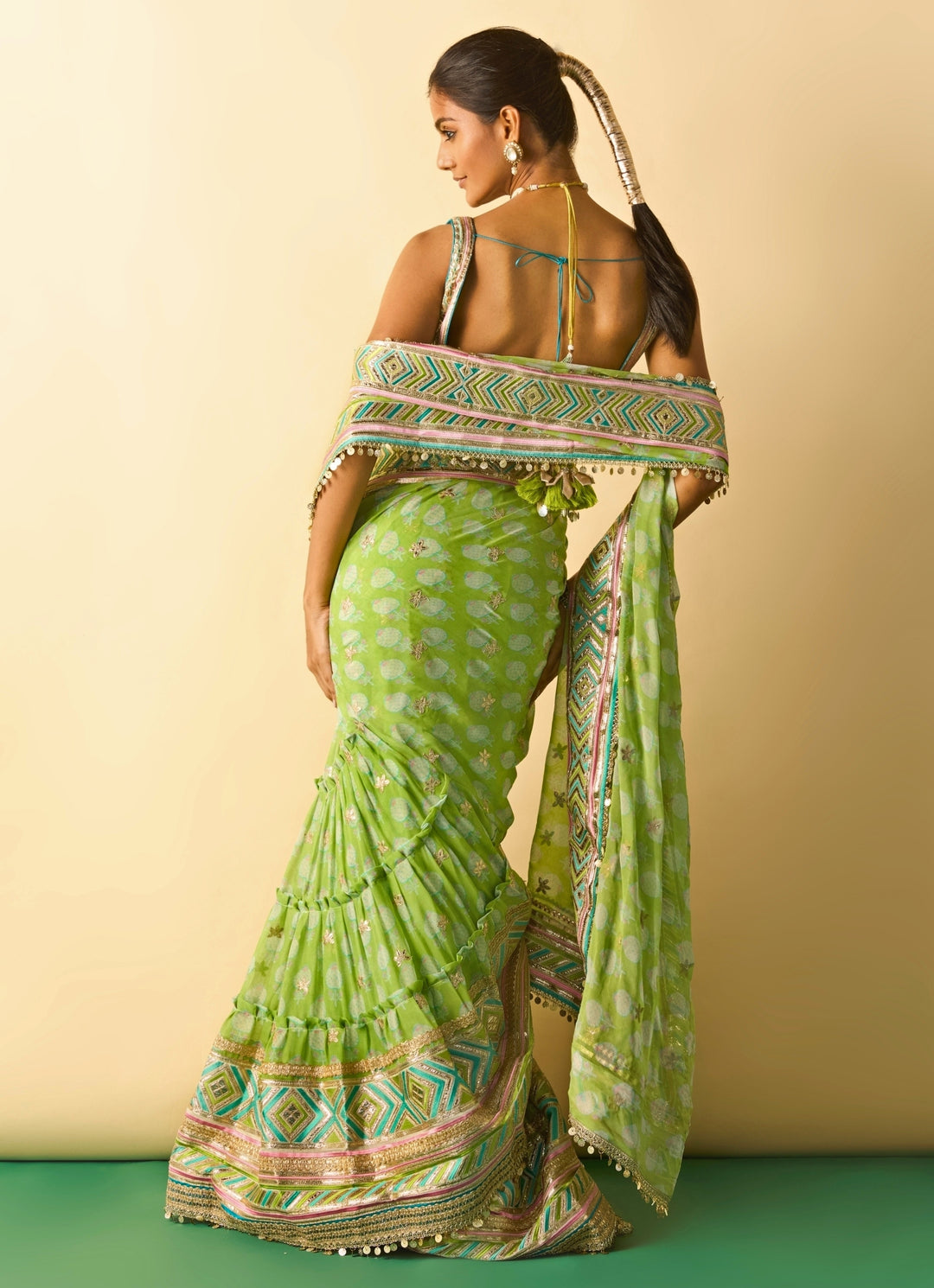 Lime Green Printed Georgette Pre-Draped Saree