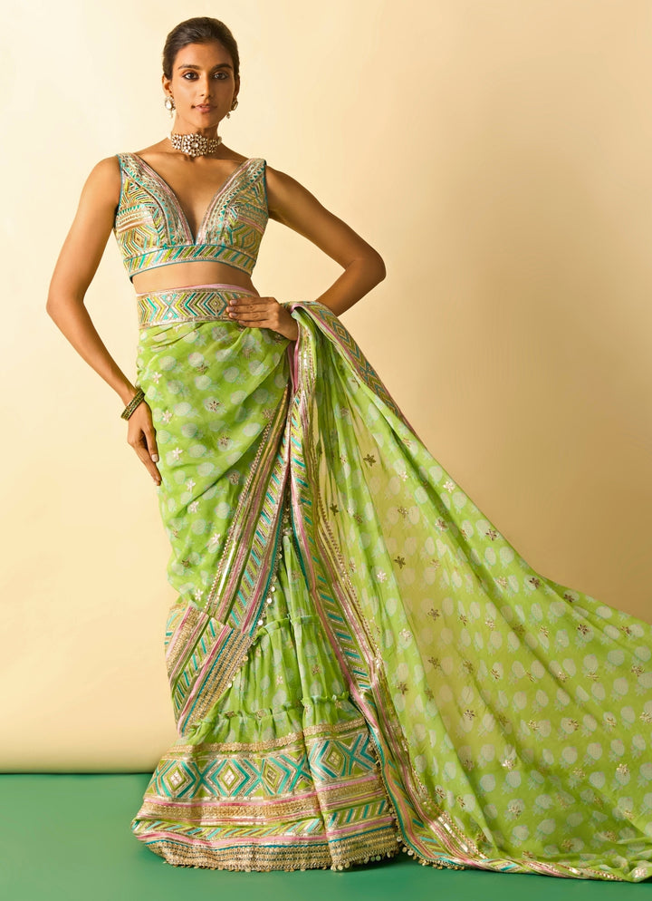 Lime Green Printed Georgette Pre-Draped Saree
