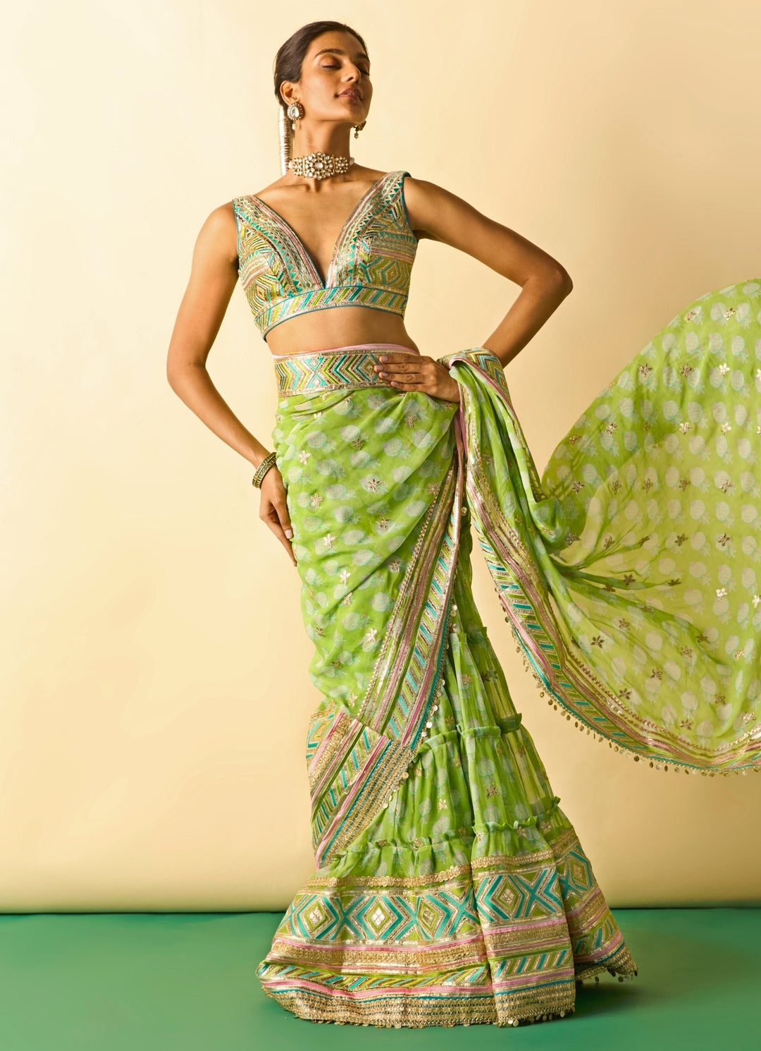 Lime Green Printed Georgette Pre-Draped Saree