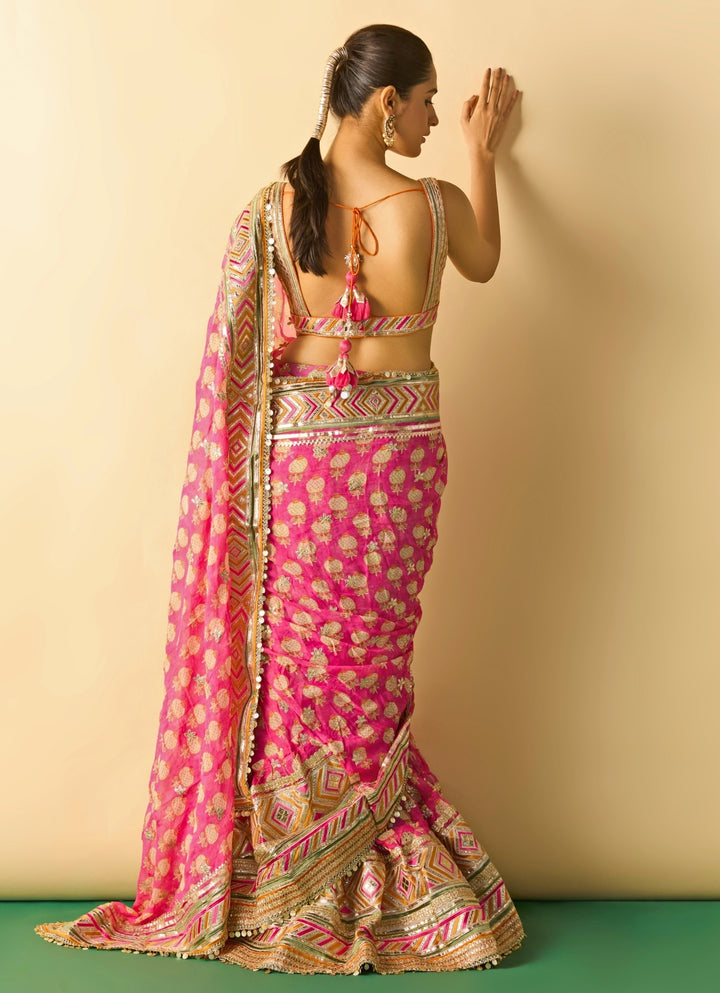 Pink Printed Georgette Pre-Draped Saree