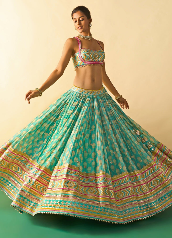Aqua Blue Printed Cotton Silk Lehenga Set With Ivory Dupatta
