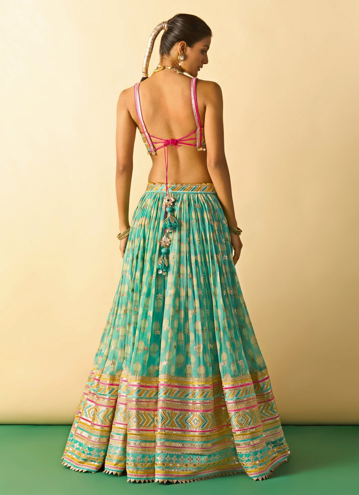 Aqua Blue Printed Cotton Silk Lehenga Set With Ivory Dupatta