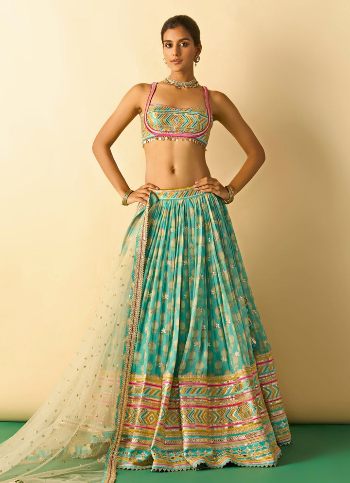 Aqua Blue Printed Cotton Silk Lehenga Set With Ivory Dupatta