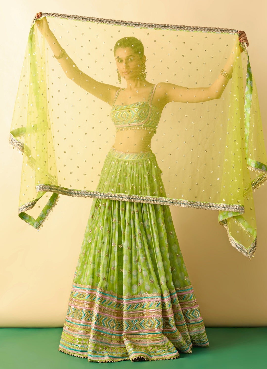 Lime Green Printed Cotton Silk Lehenga Set