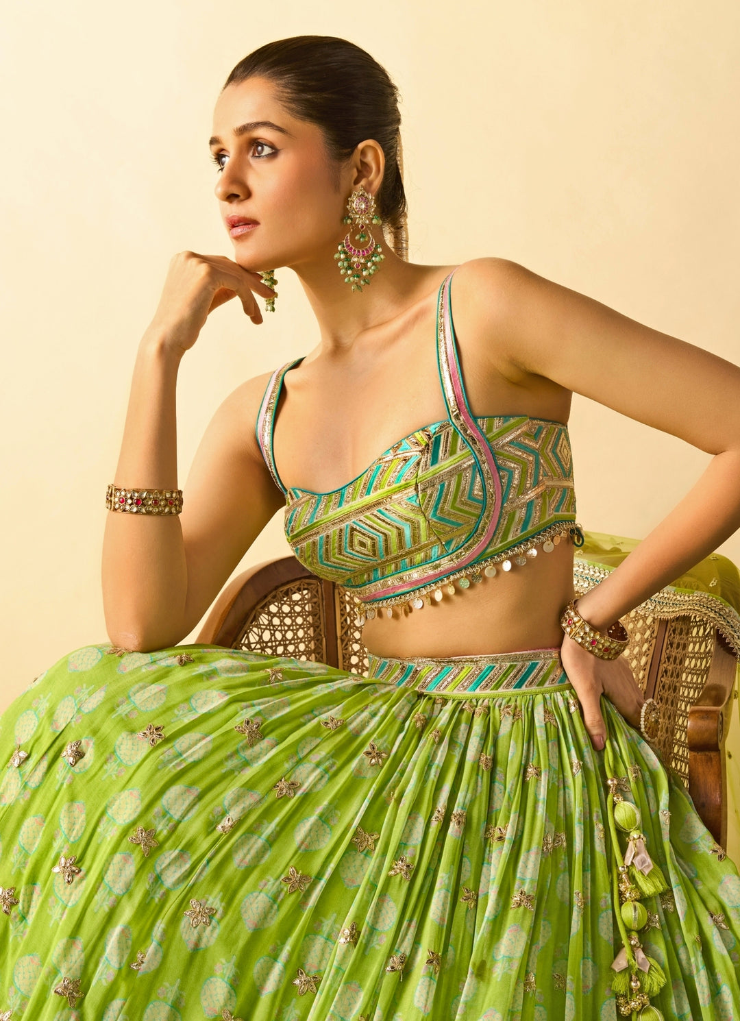 Lime Green Printed Cotton Silk Lehenga Set