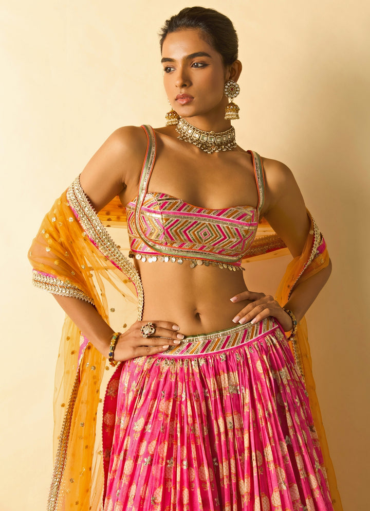 Pink Printed Cotton Silk Lehenga Set With Orange Dupatta