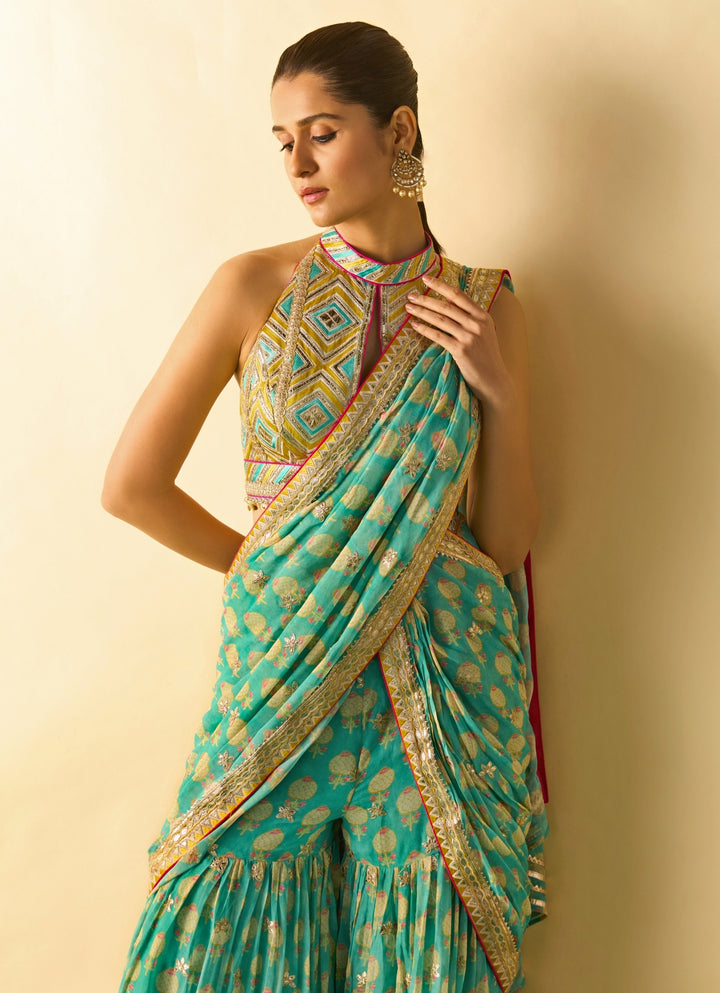 Aqua Blue Printed Georgette Pant Saree Set
