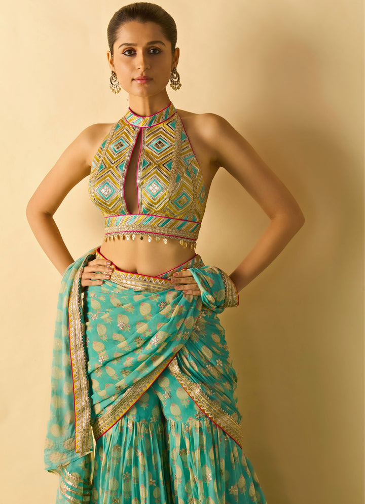 Aqua Blue Printed Georgette Pant Saree Set