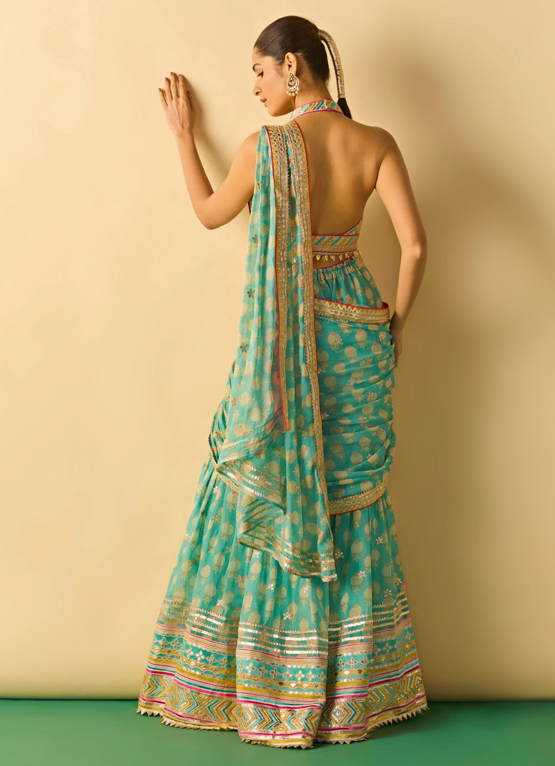 Aqua Blue Printed Georgette Pant Saree Set