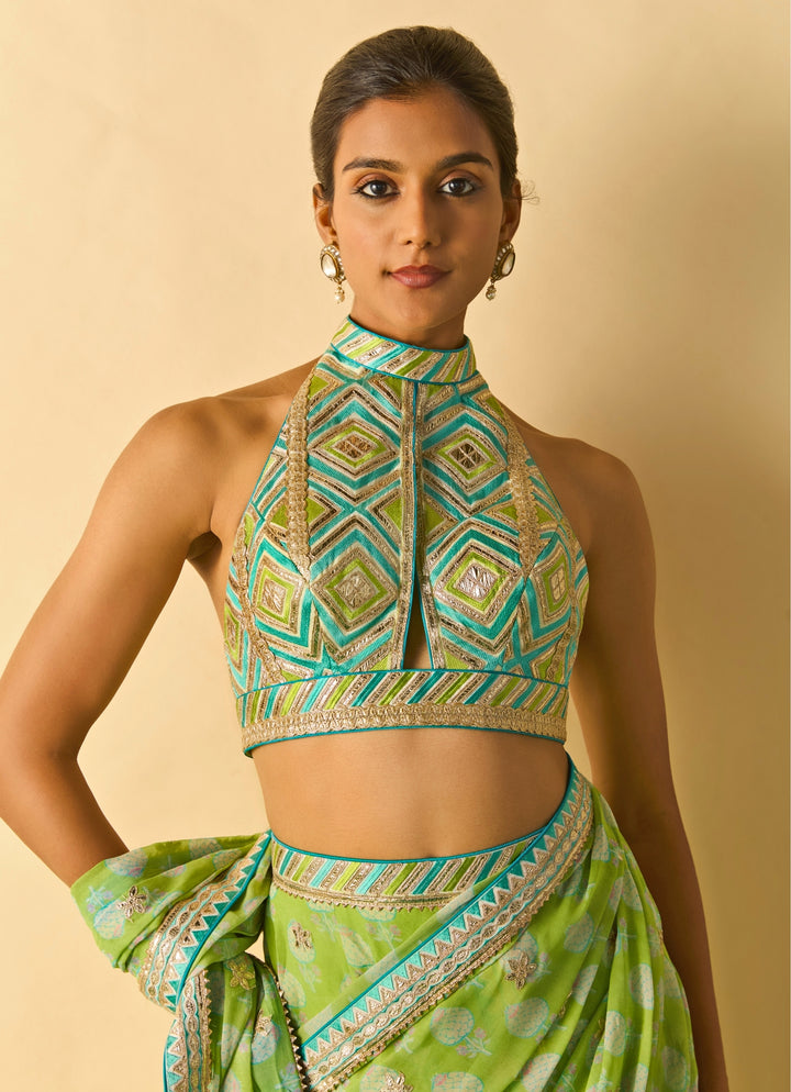 Lime Green Printed Georgette Pant Saree Set