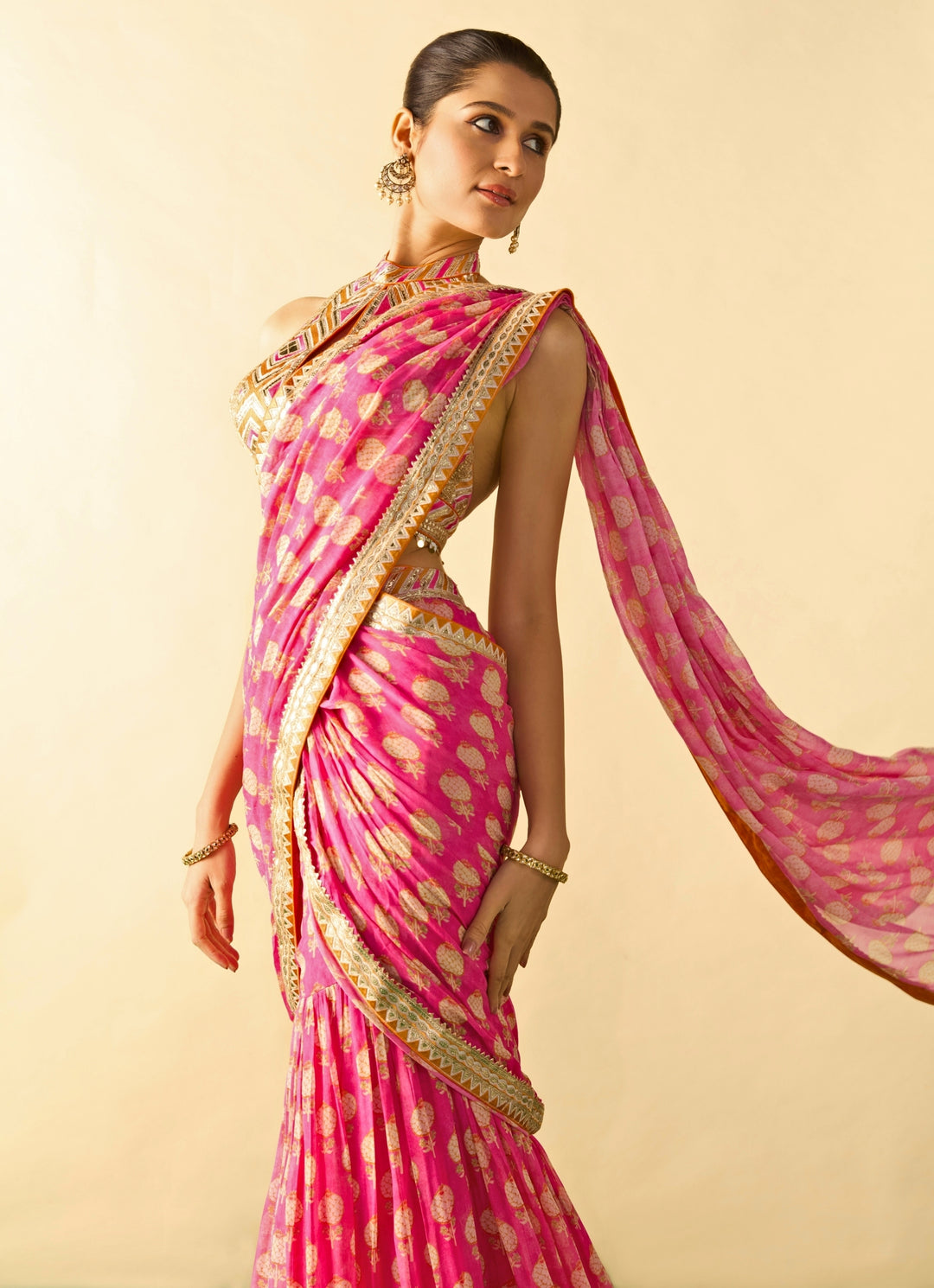 Pink Printed Georgette Pant Saree Set